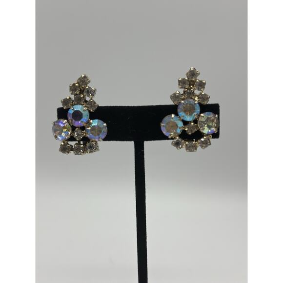 Vintage Gold Tone AB Aurora Borealis & Clear Rhinestone Clip On Earrings - Picture 1 of 5